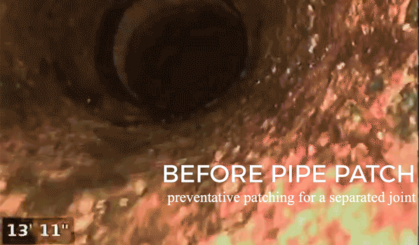 Before and after animation of a pipe patch job for a separated joint